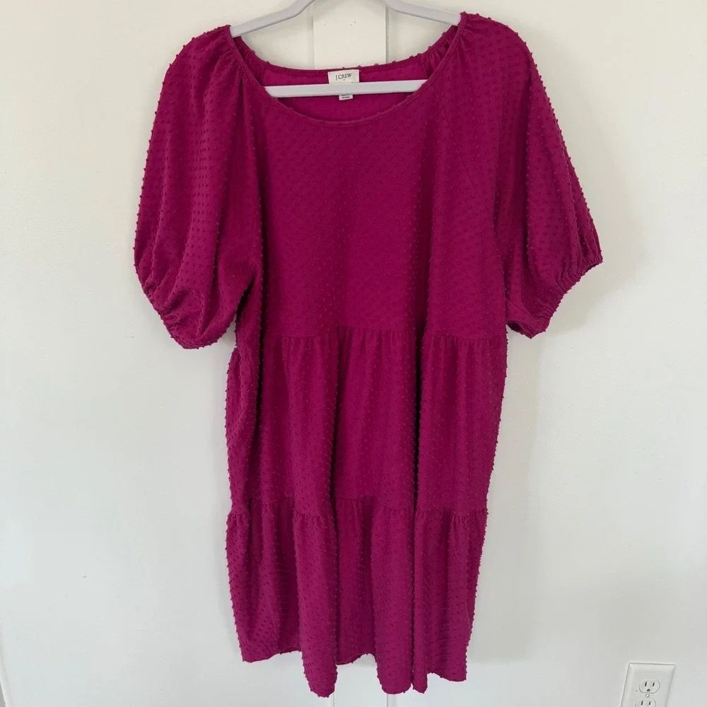 J. Crew Women's Swiss Dot Magenta Tiered Puff Sleeve Dress Size Extra Large - Picture 2 of 14